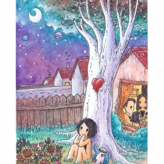 "At Home?" (2021)Watercolor, ink and white gouache on watercolor paper, 5.8 x 8.3 in.