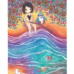 "I Cast My Heart Out on a Line" (2021)Watercolor, ink and white gouache on watercolor paper, 5.8 x 8.3 in.