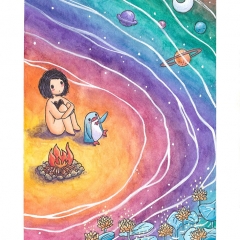 "In the Glow of the Fire" (2021)Watercolor, ink and white gouache on watercolor paper, 5.8 x 8.3 in., online