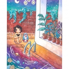 "At the Water's Edge" (2021)Watercolor, ink and white gouache on watercolor paper, 5.8 x 8.3 in., online