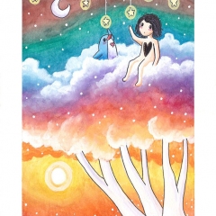 "Hide Among the Stars" (2021)Watercolor, ink and white gouache on watercolor paper, 5.8 x 8.3 in., online