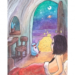 "The Lighted Path Calls" (2021)Watercolor, ink and white gouache on watercolor paper, 5.8 x 8.3 in., online