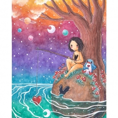 "Lonely Dreamers" (2021)Watercolor, ink and white gouache on watercolor paper, 5.8 x 8.3 in., online