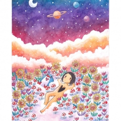 "Written in the Stars?" (2021)Watercolor, ink and white gouache on watercolor paper, 5.8 x 8.3 in., online