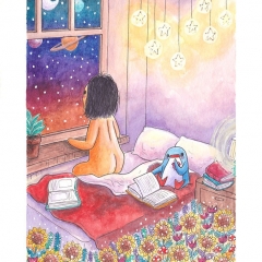 "A Dream Awakes" (2021)Watercolor, ink and white gouache on watercolor paper, 5.8 x 8.3 in., online