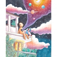 "Late Night Musings" (2021)Watercolor, ink and white gouache on watercolor paper, 5.8 x 8.3 in., online