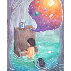 "Silencing The Song" (2021)Watercolor, ink and white gouache on watercolor paper, 5.8 x 8.3 in., online