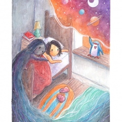 "Can't Get Out of Bed" (2021)Watercolor, ink and white gouache on watercolor paper, 5.8 x 8.3 in., online