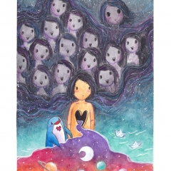 "Voices in My Head" (2021)Watercolor, ink and white gouache on watercolor paper, 5.8 x 8.3 in., online