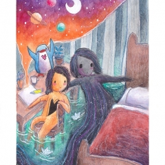 "Let's Go Back to Bed" (2021)Watercolor, ink and white gouache on watercolor paper, 5.8 x 8.3 in., online