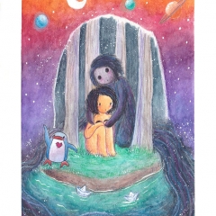 "I'll Keep You Safe" (2021)Watercolor, ink and white gouache on watercolor paper, 5.8 x 8.3 in., online