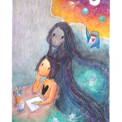 "Creative Block" (2021)Watercolor, ink and white gouache on watercolor paper, 5.8 x 8.3 in., online