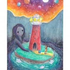 "The Light Shines On" (2021)Watercolor, ink and white gouache on watercolor paper, 5.8 x 8.3 in., online