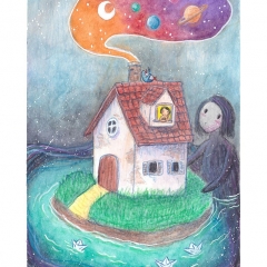 "Safe House" (2021)Watercolor, ink and white gouache on watercolor paper, 5.8 x 8.3 in., online