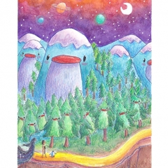 "Where Mountainguins Rise" (2021)Watercolor, colour pencil, ink and white gouache on watercolor paper, 5.8 x 8.3 in., online