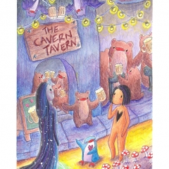 "The Cavern Tavern" (2021)Watercolor, colour pencil, ink and white gouache on watercolor paper, 5.8 x 8.3 in., online