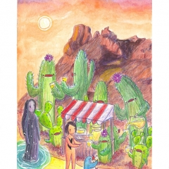 "Lemonade with Cactusguins" (2021)Watercolor, colour pencil, ink and white gouache on watercolor paper, 5.8 x 8.3 in., online
