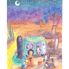 "Supper with Gypsy Racoonguins" (2021)Watercolor, colour pencil, ink and white gouache on watercolor paper, 5.8 x 8.3 in., online