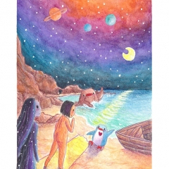 "At the Path's End?" (2021)Watercolor, colour pencil, ink and white gouache on watercolor paper, 5.8 x 8.3 in., online