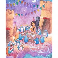 "Party with Sky Penguins" (2021)Watercolor, colour pencil, ink and white gouache on watercolor paper, 5.8 x 8.3 in., online