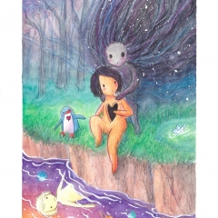 "The True Self Waits" (2021)Watercolor, ink and white gouache on watercolor paper, 5.8 x 8.3 in., online