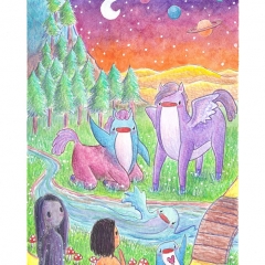 "Centaurguin and Pengasus" (2021)Watercolor, colour pencil, ink and white gouache on watercolor paper, 5.8 x 8.3 in., online