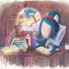 Illustration: PenguinGirl & the Book Lover (2016) Watercolor, ink and color pencil on watercolor paper, 5.8 x 4.1 in., 72dpi