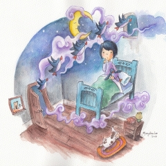 Illustration: PenguinGirl's Dream (2016)Watercolor and ink on watercolor paper, 11.7 x 8.3 in., 72dpi