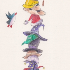 Illustration: PenguinGirl & Her Many Hats (2016) Watercolor, ink and color pencil on watercolor paper, 5 x 10 in., 72dpi