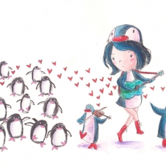 Illustration: PenguinGirl's Penguin March (2016) Watercolor, ink and color pencil on watercolor paper, 10 x 5 in., 72dpi