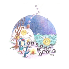 Illustration: PenguinGirl's Seaside Song Session (2016)Watercolor, ink and color pencil on paper, 10 x 10 in., 72dpi