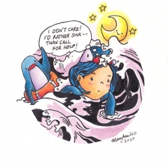 "Drowning PenguinGirl" (2020)Watercolor, ink and color pencil on watercolor paper, 4.1 x 5.8 in.