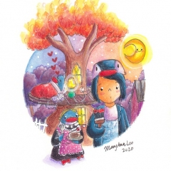 "PenguinGirl: Neither American nor Gothic" (2020)Watercolor, ink and color pencil on watercolor paper, 4.1 x 5.8 in.