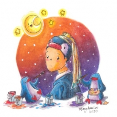 "PenguinGirl With a Pearl Earring" (2020)Watercolor, ink and color pencil on watercolor paper, 4.1 x 5.8 in.