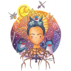 "PenguinGirl with Thorn Necklace and er… Penguins" (2020)Watercolor, ink and color pencil on watercolor paper, 4.1 x 5.8 in.