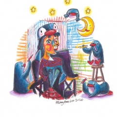 "Portrait of a PenguinGirl (by Pic…uh… Penguins!)" (2020)Watercolor, ink and color pencil on watercolor paper, 4.1 x 5.8 in.
