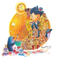 "The PenguinGirl in Gold" (2020)Watercolor, ink and color pencil on watercolor paper, 4.1 x 5.8 in.