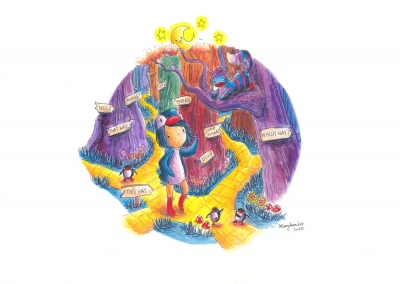 "PenguinGirl & Cheshire Cat-Penguin in Tulgey Wood" (2020)Watercolor, ink and color pencil on watercolor paper, 11.7 x 8.3 in., online