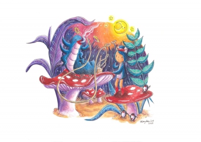 PenguinGirl-Meets-The-Penguin-Caterpillar-2020-Alice-Wonderland-art-illustration-MaryAnn-Loo