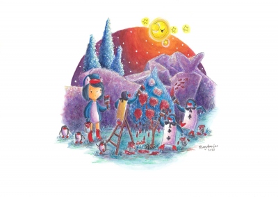 "PenguinGirl Paints the Roses Red" (2020)Watercolor, ink and color pencil on watercolor paper, 11.7 x 8.3 in., online