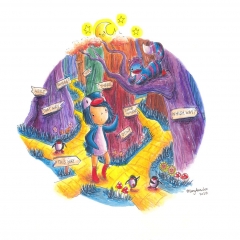 "PenguinGirl & Cheshire Cat-Penguin in Tulgey Wood" (2020)Watercolor, ink and color pencil on watercolor paper, 11.7 x 8.3 in., online