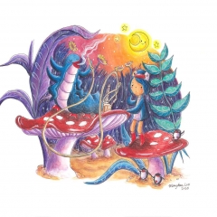 PenguinGirl-Meets-The-Penguin-Caterpillar-2020-Alice-Wonderland-art-illustration-MaryAnn-Loo
