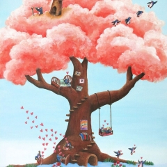 Dream-Tree-bricks-clouds-penguin-fun-love-happiness-painting-MaryAnn-Loo