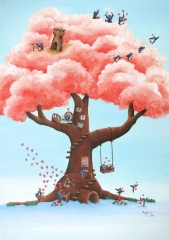 Dream-Tree-bricks-clouds-penguin-fun-love-happiness-painting-MaryAnn-Loo