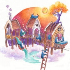 "Sky Playground Home" (2018),Watercolor, white gouache and ink on watercolor paper, 11.7 x 8.3 in., 72dpi