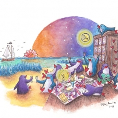 "Kintai Beach Party" (2019)Watercolor, ink and color pencil on paper, 8.3 x 5.8 in.online