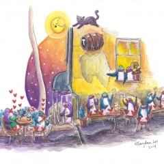 "Night Out at Trimpus" (2019)Watercolor, ink and color pencil on paper, 8.3 x 5.8 in.online