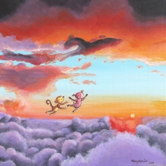 Olivia sunset-art-illustration-painting-love-pig-monkey-MaryAnn Loo